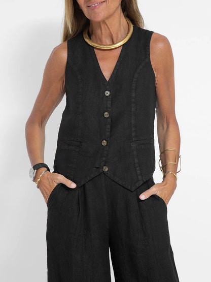 Aira | Women's Buttoned Vest & Wide-Leg Trousers Set