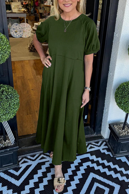 Women's Elegant Maxi Dress with Puff Sleeves and Round Neck
