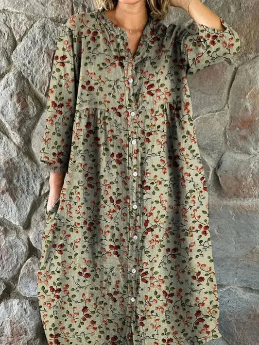 Women's Vintage Floral Shirt Midi Dress with Pockets