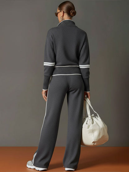 Women's Vintage-Inspired Grey and White Half-Zip Sweatshirt with Wide-Leg Trousers Set