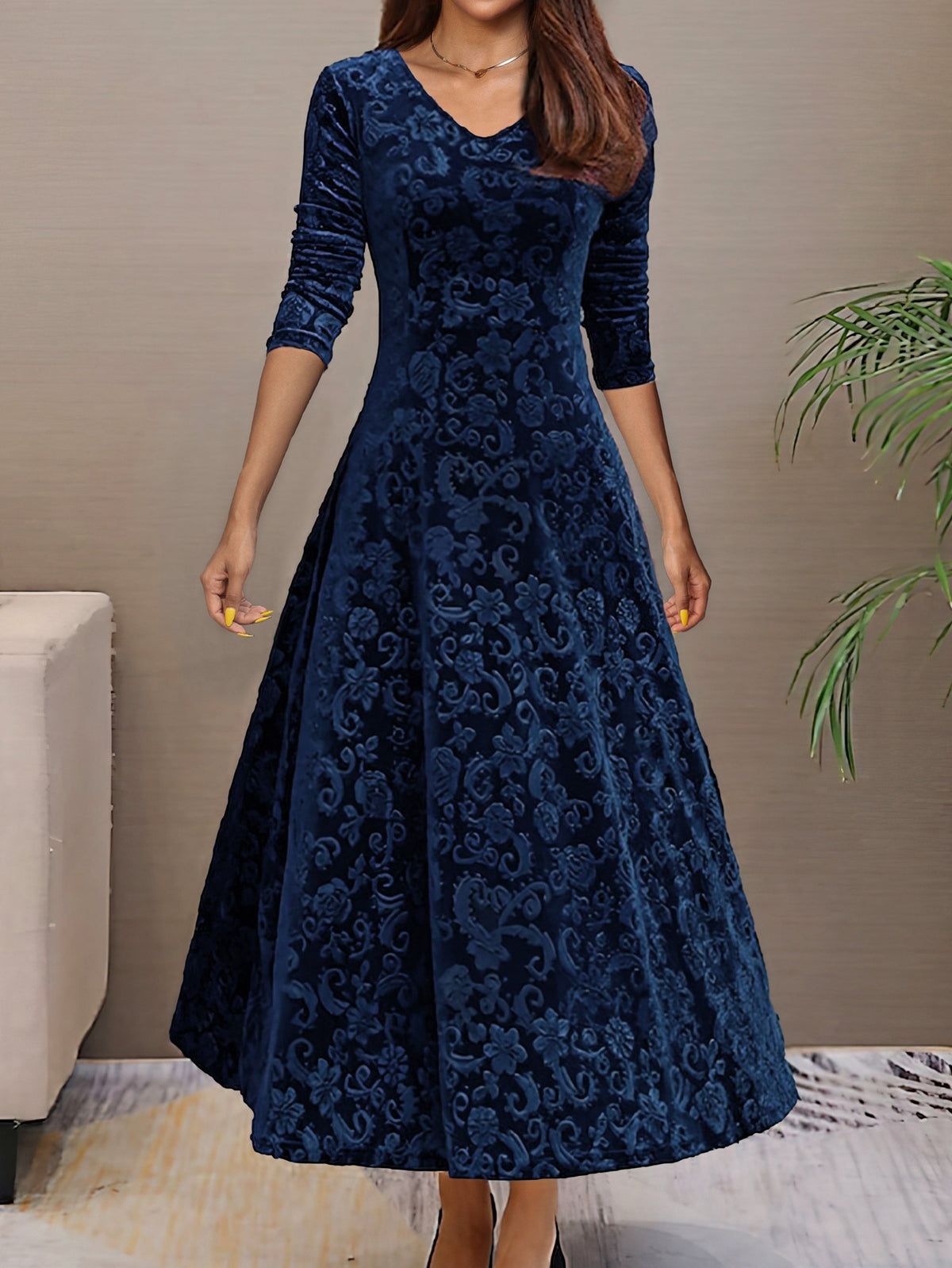 Nancy | Women's Luxe Holiday Midi Dress with V-Neck and Long Sleeve