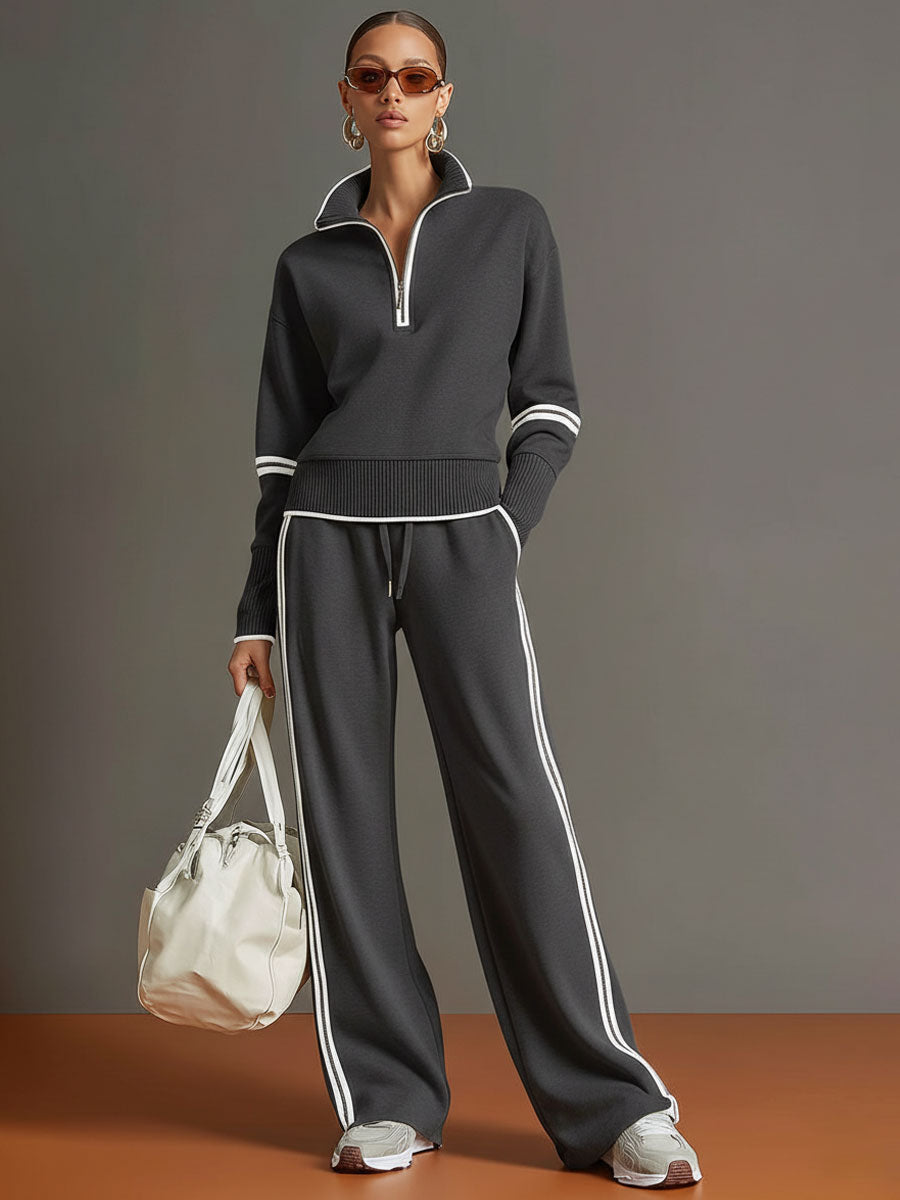 Women's Vintage-Inspired Grey and White Half-Zip Sweatshirt with Wide-Leg Trousers Set