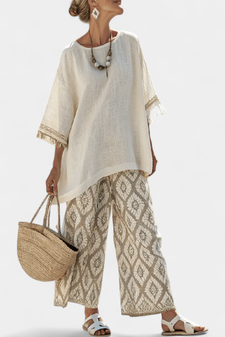 Ilaria | Women's Longline sophisticated top and casual trousers with Fringe