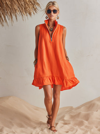 Women's Bright Orange Half-Zip Mini Dress with Ruffled Hem and Stand-Up Collar