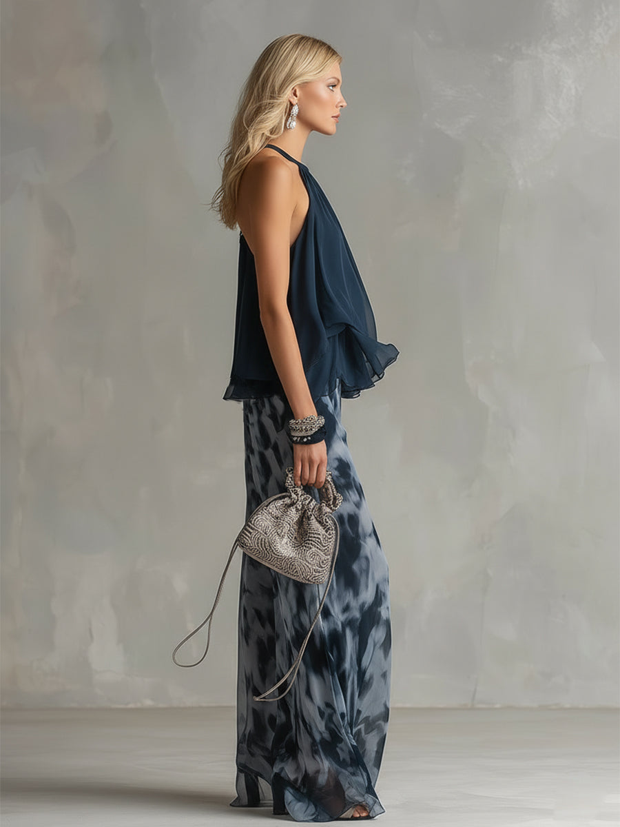 Ludovica | Women's Longline Chic Ensemble with High-Neck Blouse and Flowing Printed Trousers