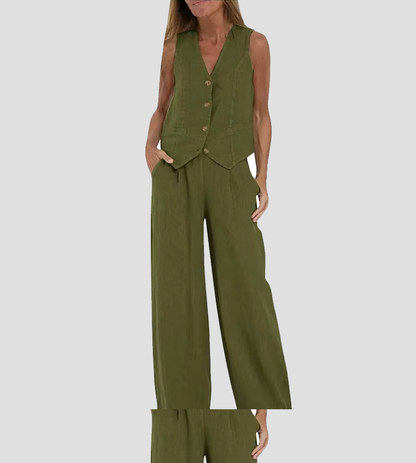 Aira | Women's Buttoned Vest & Wide-Leg Trousers Set