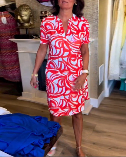 Nerea | Women's Elegant Printed Dress with V-Neck and Short Sleeve