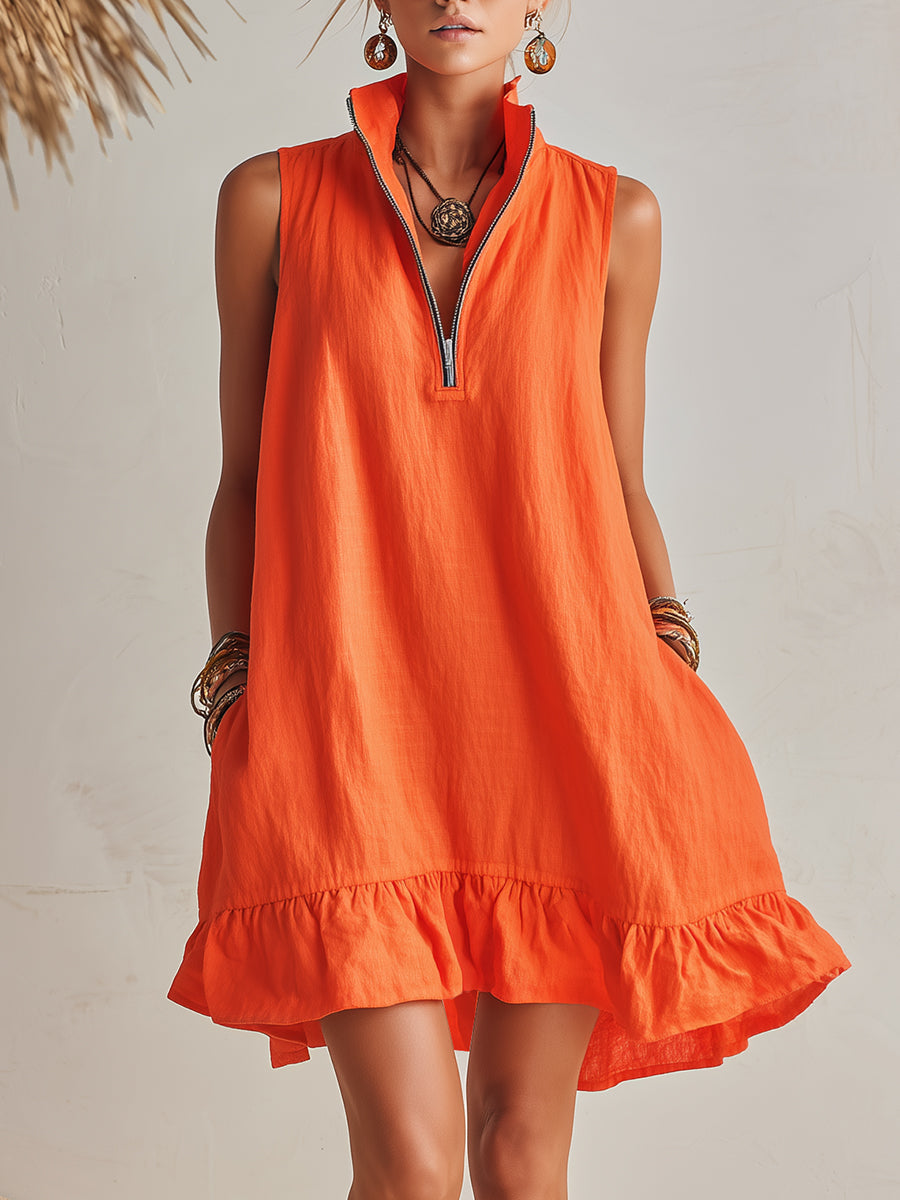 Women's Bright Orange Half-Zip Mini Dress with Ruffled Hem and Stand-Up Collar