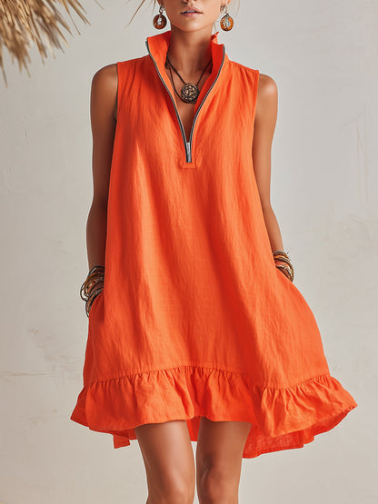 Women's Bright Orange Half-Zip Mini Dress with Ruffled Hem and Stand-Up Collar