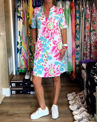 Federica | Women's Relaxed Dress with Short Sleeves and Floral Print
