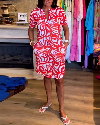 Nerea | Women's Elegant Printed Dress with V-Neck and Short Sleeve