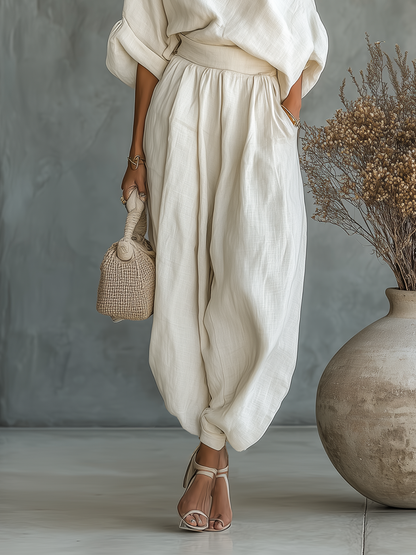 Lisa | Women's Longline Relaxed Cozy Off-Shoulder Top with Tapered Trousers Ensemble