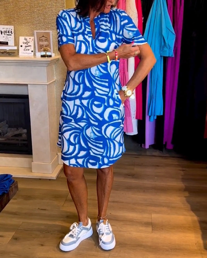 Nerea | Women's Elegant Printed Dress with V-Neck and Short Sleeve