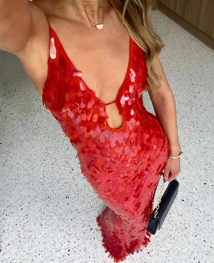 Kalea | Women's Glitter Sequins Backless Strap Maxi Dress