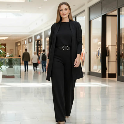 Women's Chic 3-Piece Ensemble: Long Cardigan, Top, and Trousers