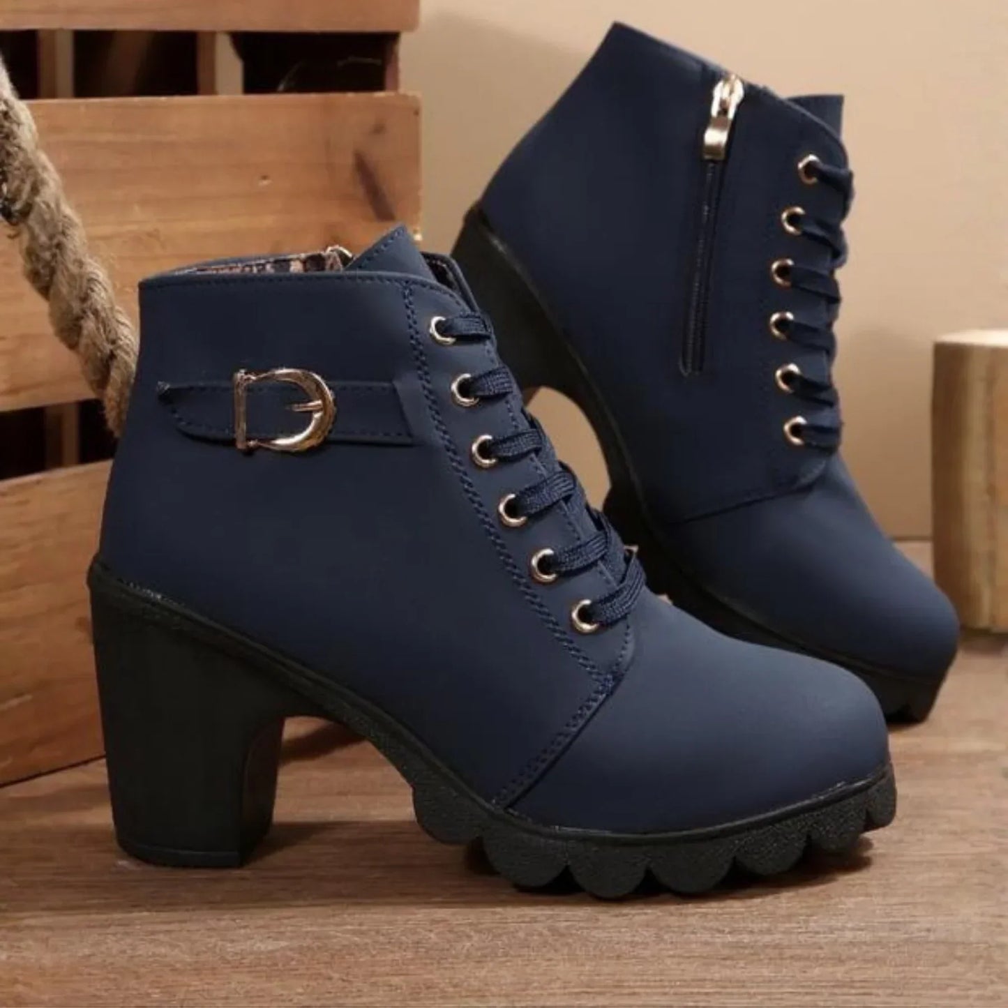 Mina | Women's Cushioned Buckle Stylish Lace-Up Ankle Boots