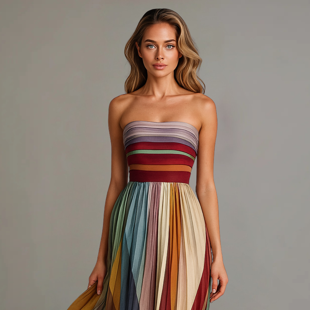 Judith | Women's Colourful Pleated Strapless Maxi Dress for Summer