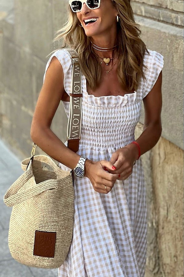 Ivara | Women's Elegant Plaid Summer Maxi Dress with Ruffle Detail and Smocking