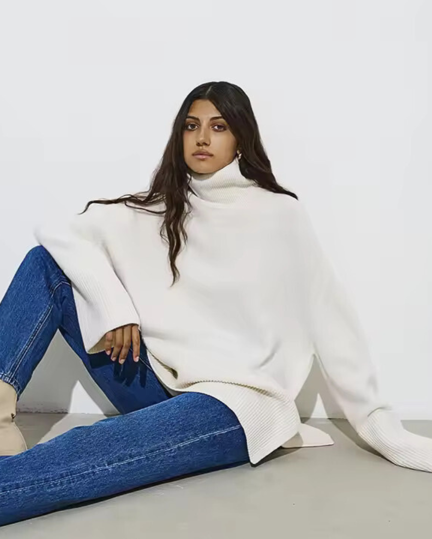 Emma | Women's Longline Roll Neck Jumper with Side Slit