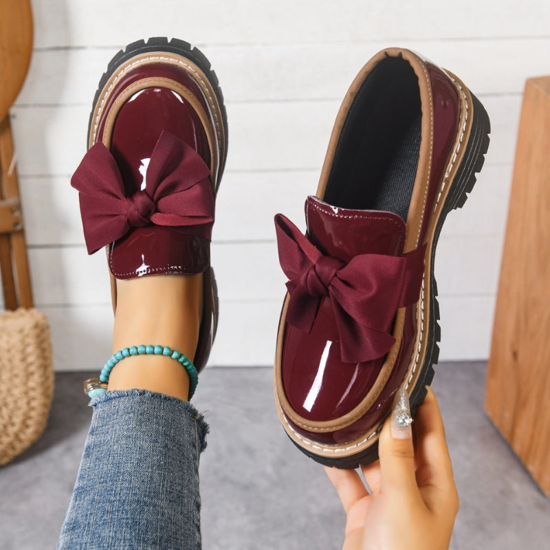 Women's Lightweight Slip-On Shiny Green Bowknot Loafers with Chunky Cushioned Sole