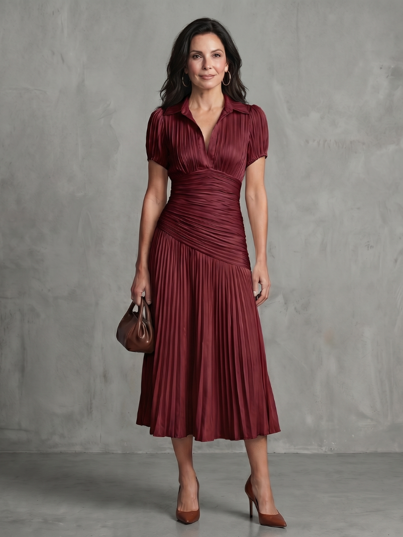 Theodora | Women's Pleated Waistline Stripe Midi Dress