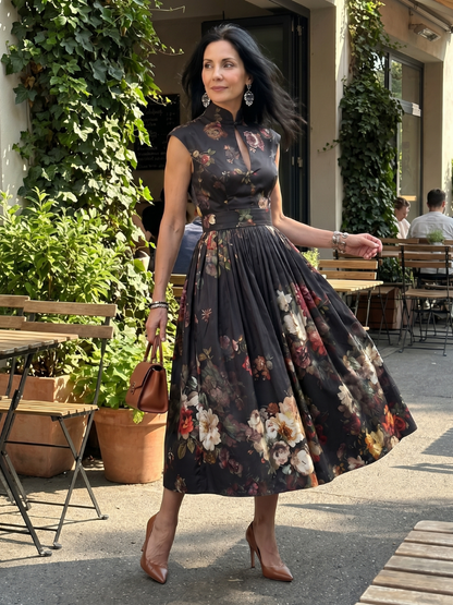 Greta | Women's High Neck Keyhole Floral Pleated Midi Dress