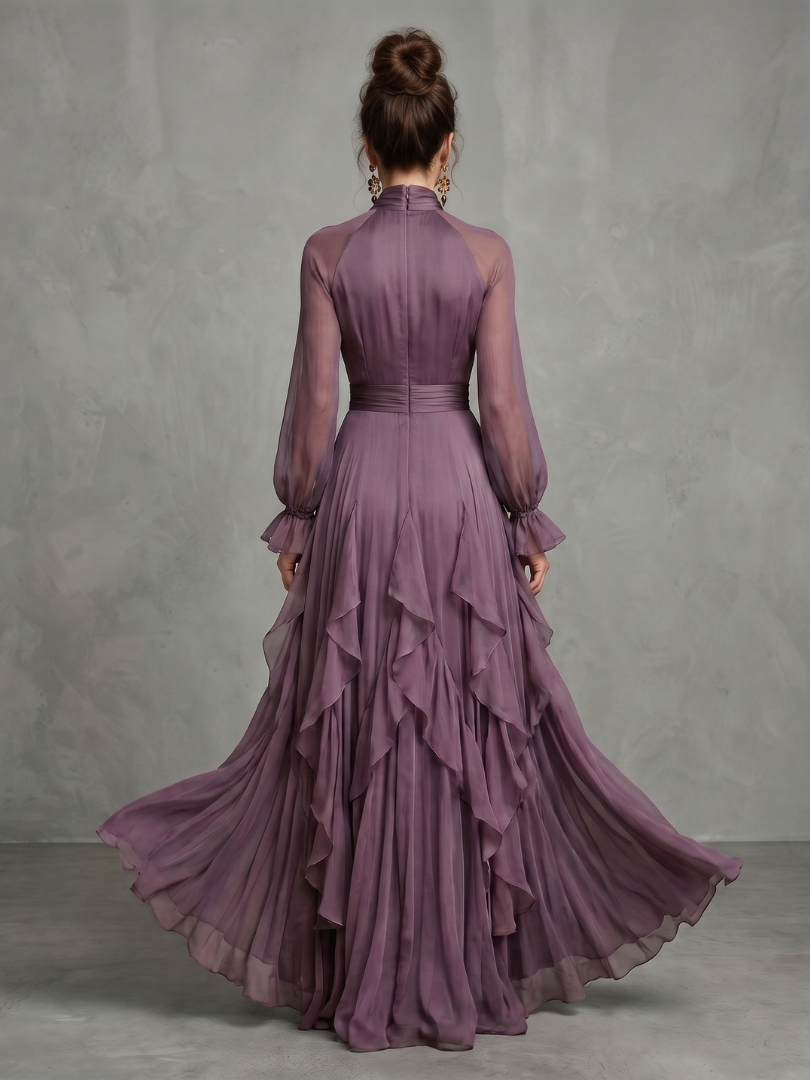 Demetria | Women's Tie Neck Ruffle Tiered Maxi Dress