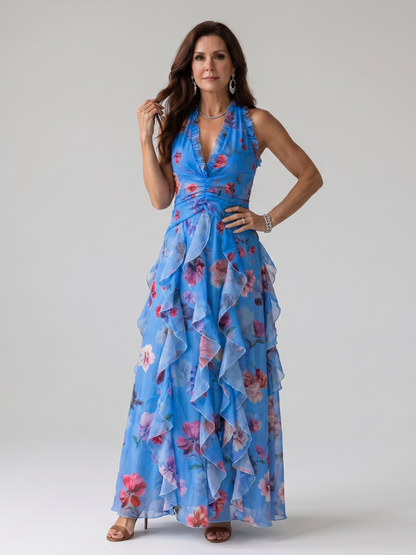 Nori | Women's Halter Neck Ruched Bodice Floral Maxi Dress with Ruffle Detail