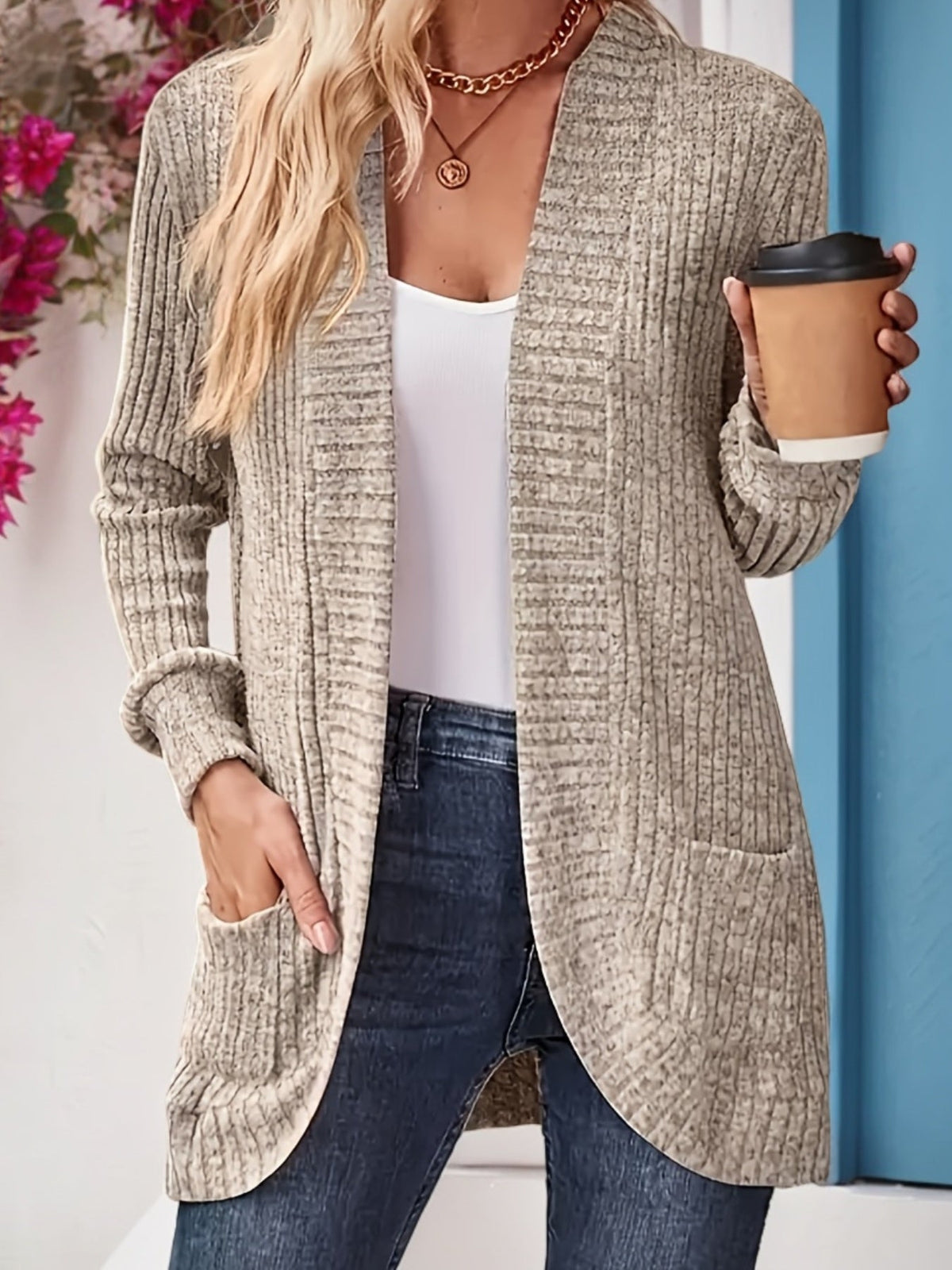 Neva | Women's Longline Elegant Ribbed Long Sleeve Cardigan