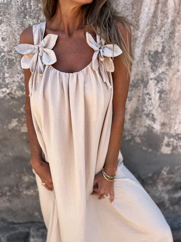 Floral Pattern Women's Maxi Dress with U-Shaped Neckline in Solid Colour