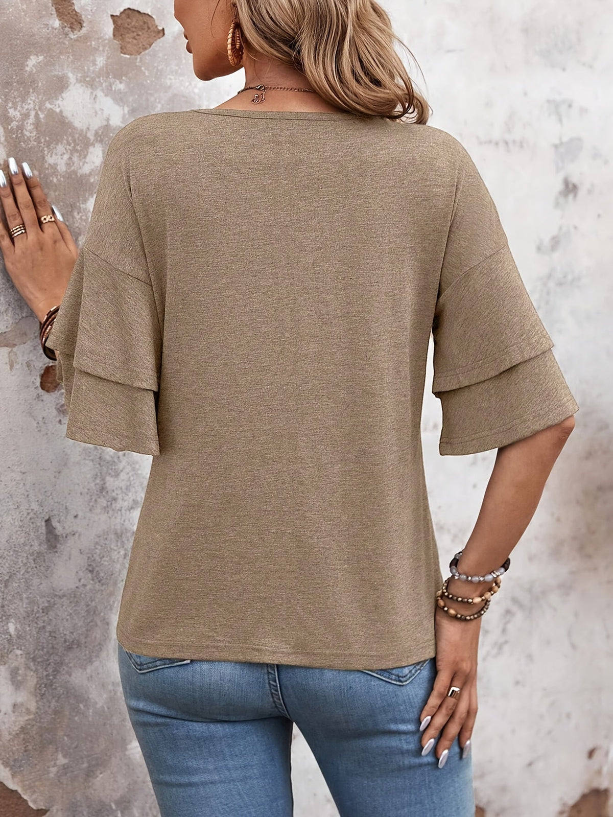 Hazel | Women's Relaxed Flare Sleeve V-Neck T-Shirt with Ruffle Detail