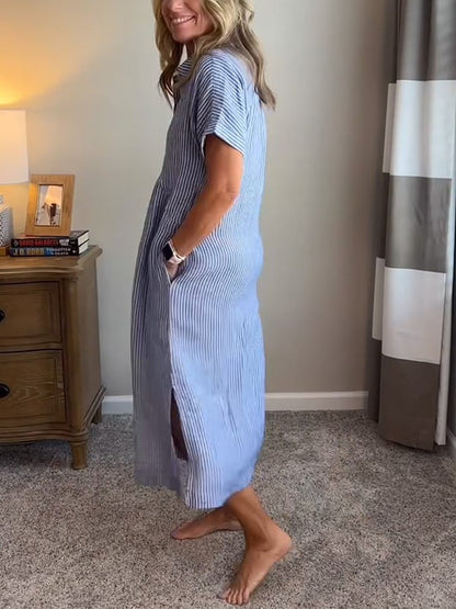 Gwen | Women's Striped Shirt Maxi Dress with Pockets