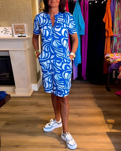 Nerea | Women's Elegant Printed Dress with V-Neck and Short Sleeve