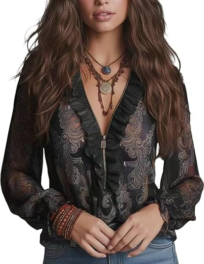 Elise | Women's Longline Ruffled Blouse Featuring Baroque Paisley Print