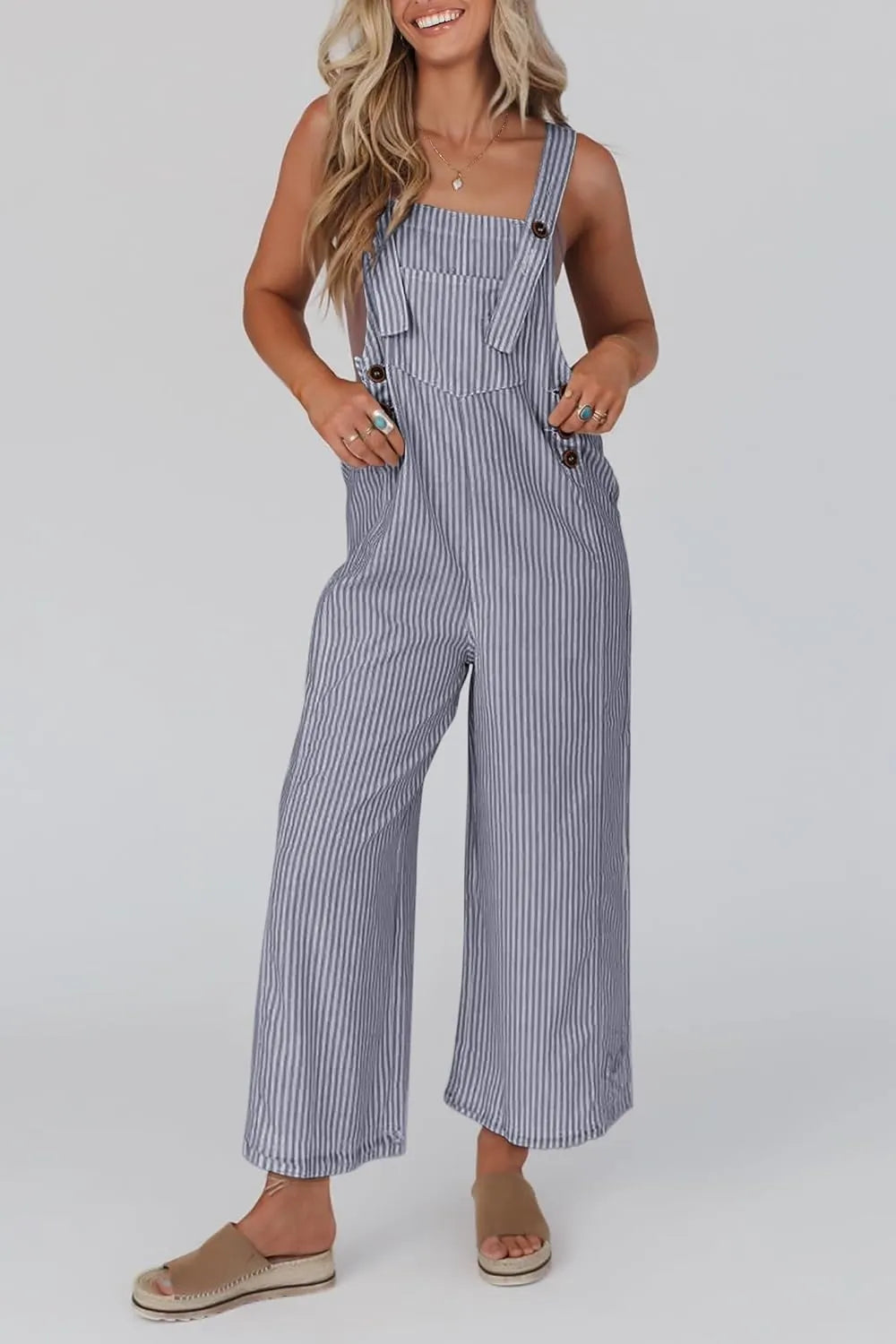 Erin | Women's Button Striped Wide Leg Jumpsuit
