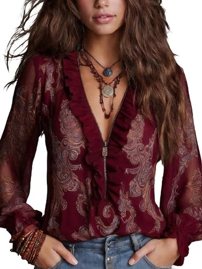 Elise | Women's Longline Ruffled Blouse Featuring Baroque Paisley Print