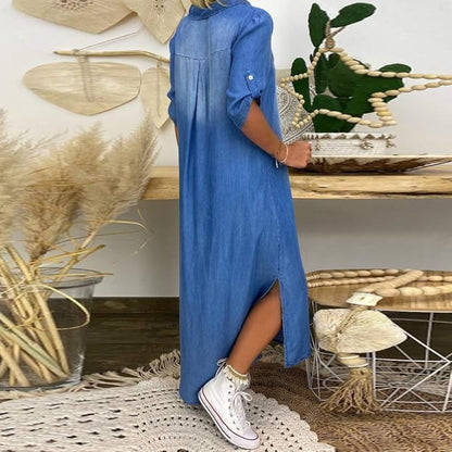 Ilse | Women's Relaxed Summer V-Neck Half Denim Midi Dress