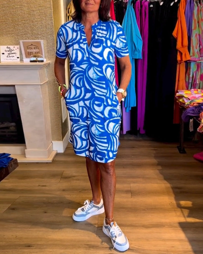 Nerea | Women's Elegant Printed Dress with V-Neck and Short Sleeve