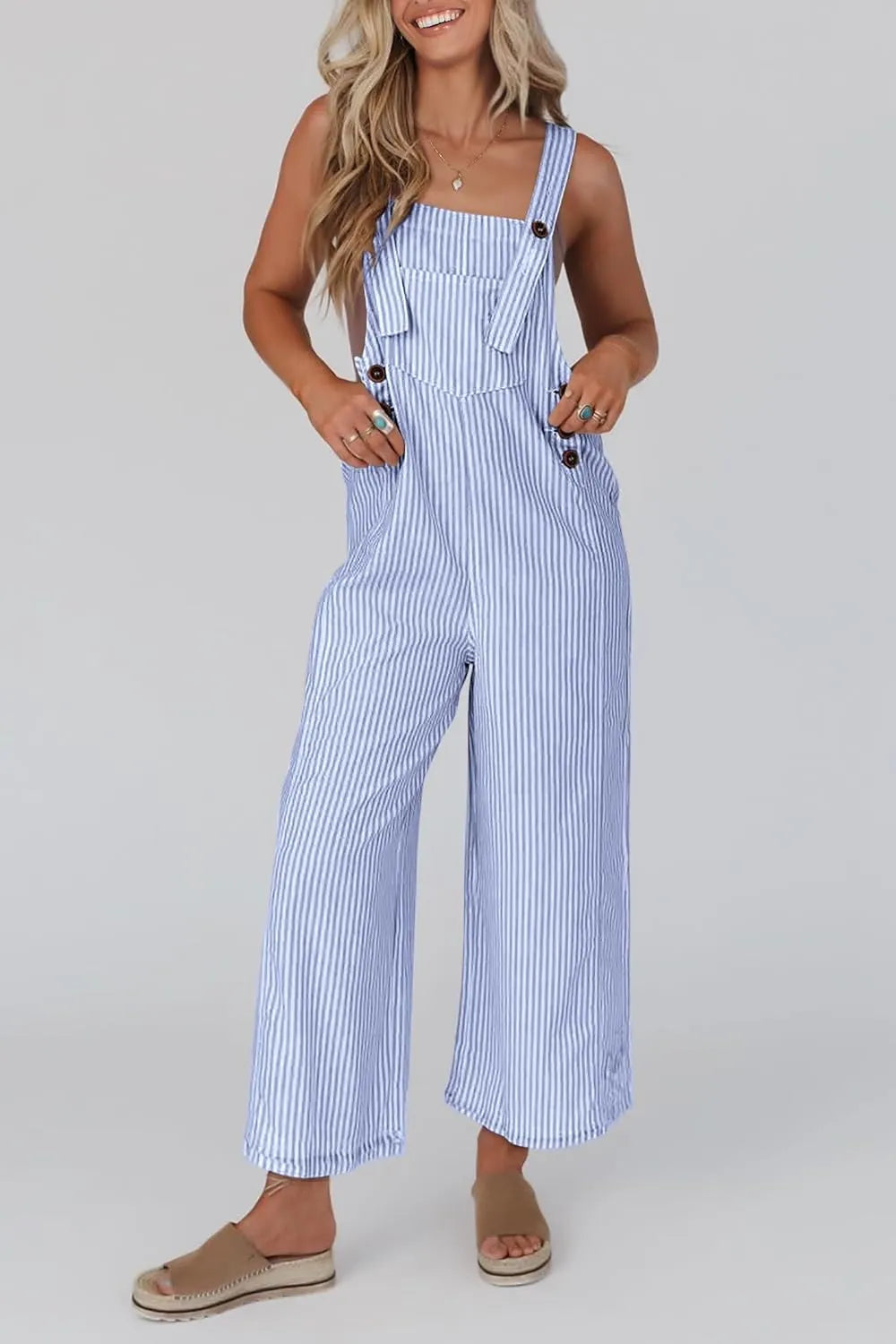 Erin | Women's Button Striped Wide Leg Jumpsuit