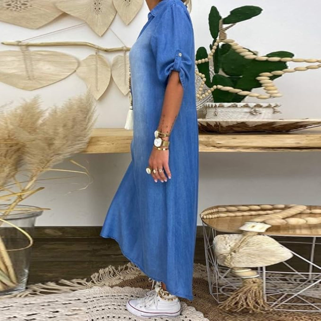 Ilse | Women's Relaxed Summer V-Neck Half Denim Midi Dress
