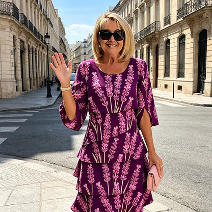 Elyvane | Women's Floral Ruffled Midi Dress with Mid-Length and Split Sleeves