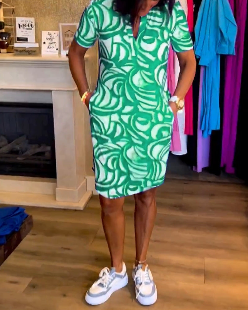 Nerea | Women's Elegant Printed Dress with V-Neck and Short Sleeve
