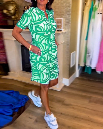 Nerea | Women's Elegant Printed Dress with V-Neck and Short Sleeve