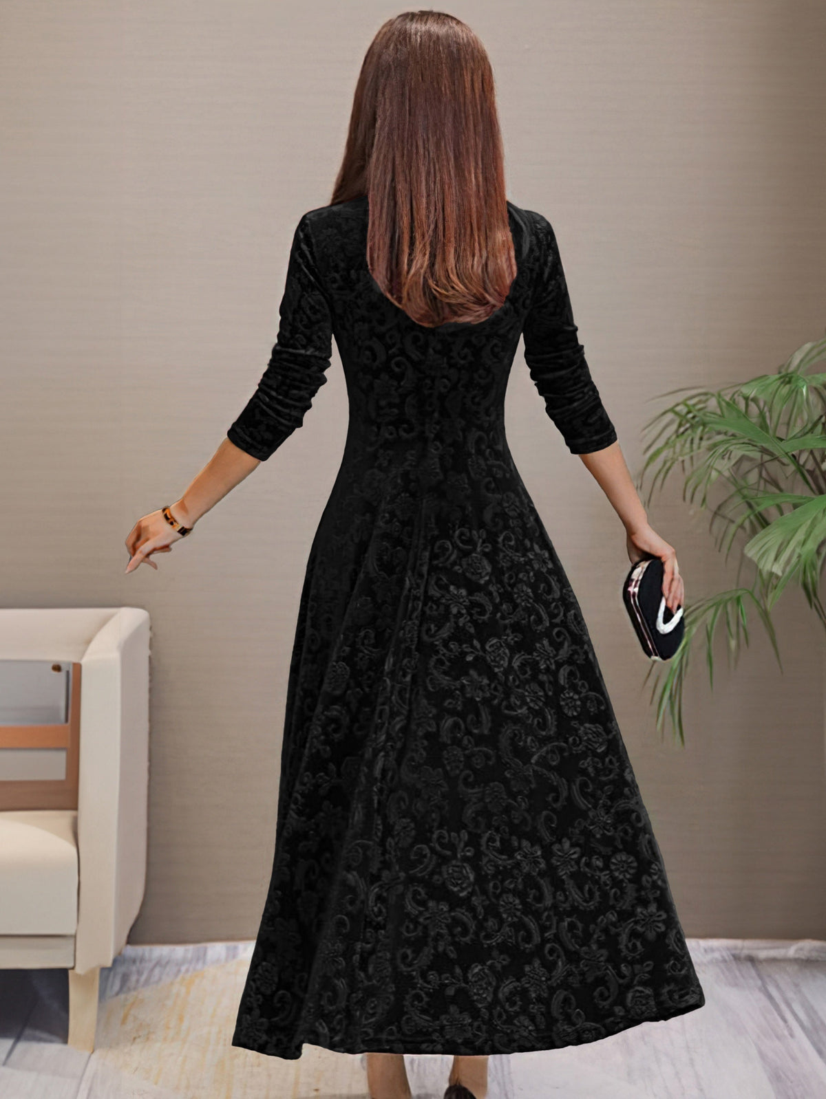 Nancy | Women's Luxe Holiday Midi Dress with V-Neck and Long Sleeve