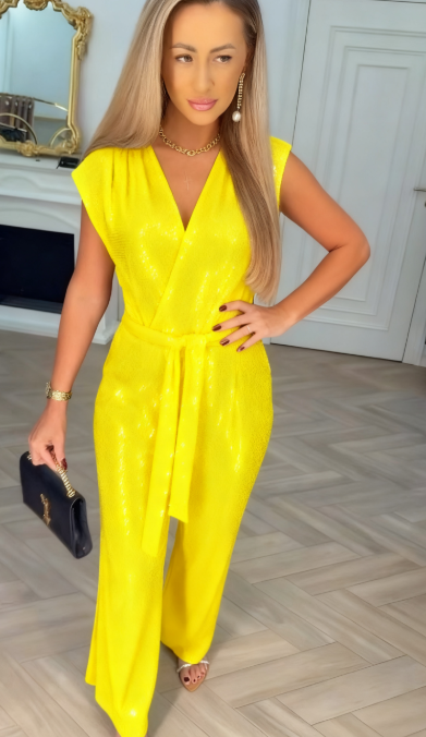 Women's Sequined Solid Colour Jumpsuit with Tie Detail
