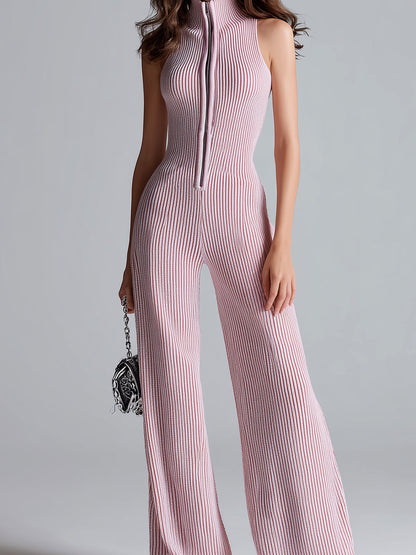 Women's ElevenOra Stylish Pink Sleeveless Jumpsuit with Stand Collar, Zipper Front, Tailored Waist, and Wide Leg Ribbed Design
