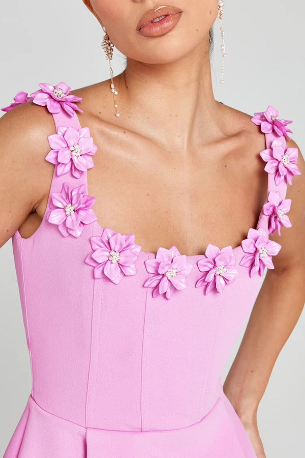Cindy | Women's Feminine Mini Dress with Floral Applications and Pockets