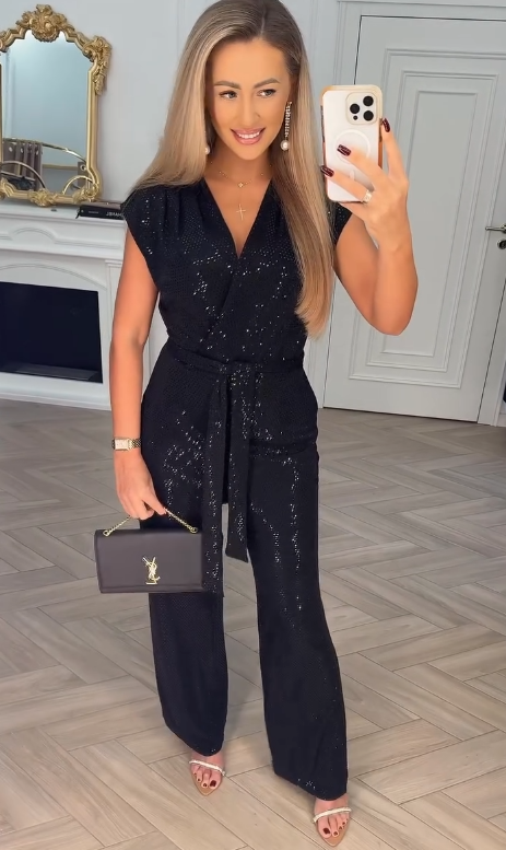 Women's Sequined Solid Colour Jumpsuit with Tie Detail