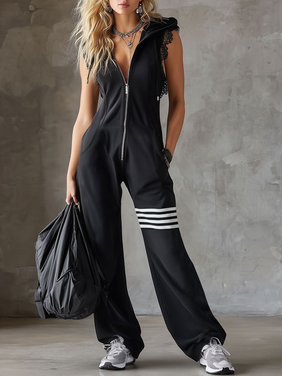 Women's Retro-Inspired Black Sleeveless Hooded Jumpsuit with Sporty Stripes
