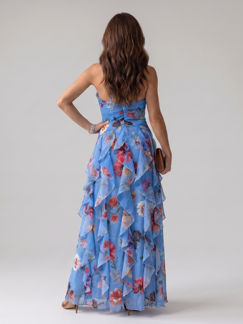 Nori | Women's Halter Neck Ruched Bodice Floral Maxi Dress with Ruffle Detail